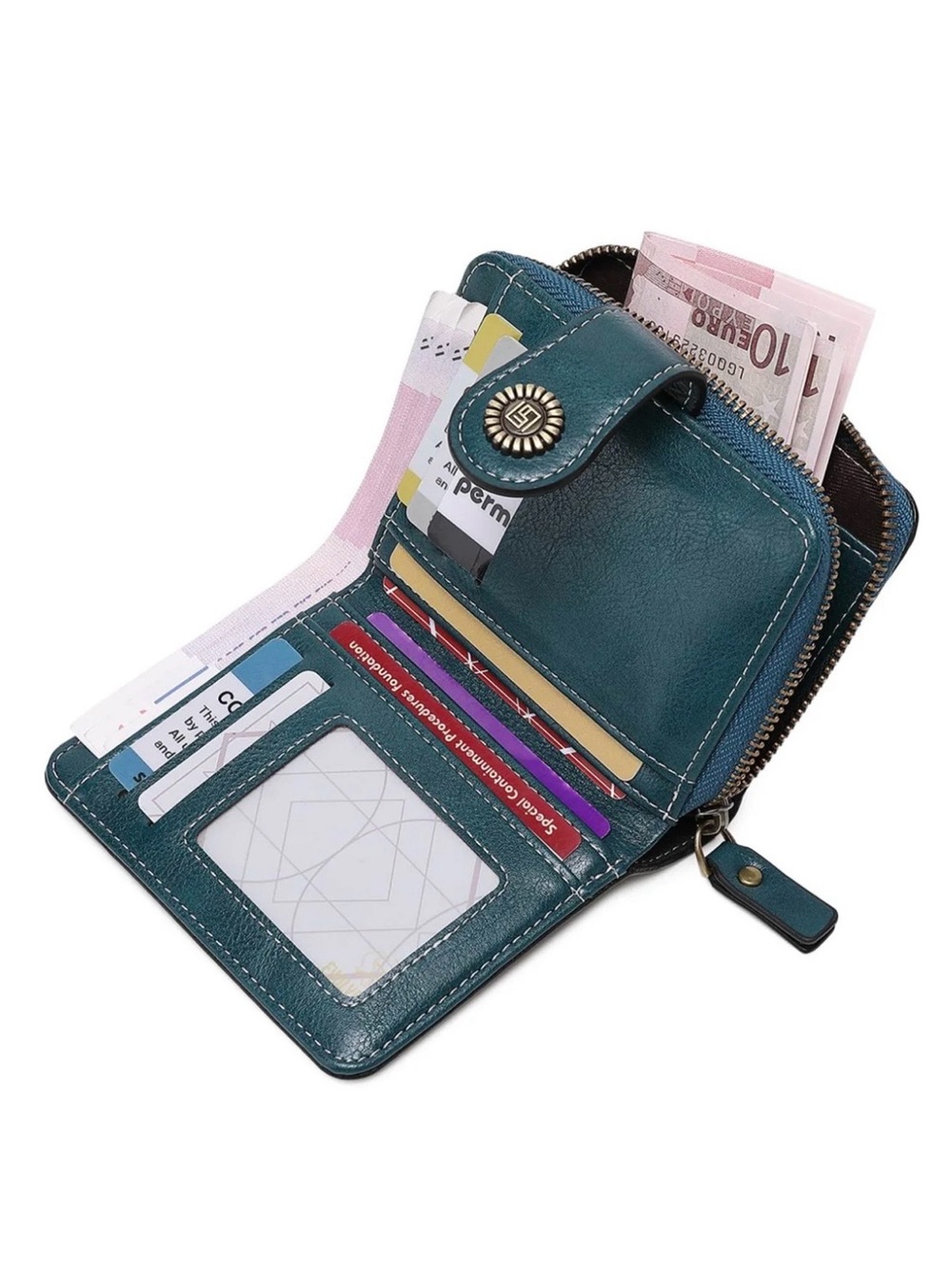 Compact Teal Women's Leather Wallet with Coin Pocket and Card Slots
